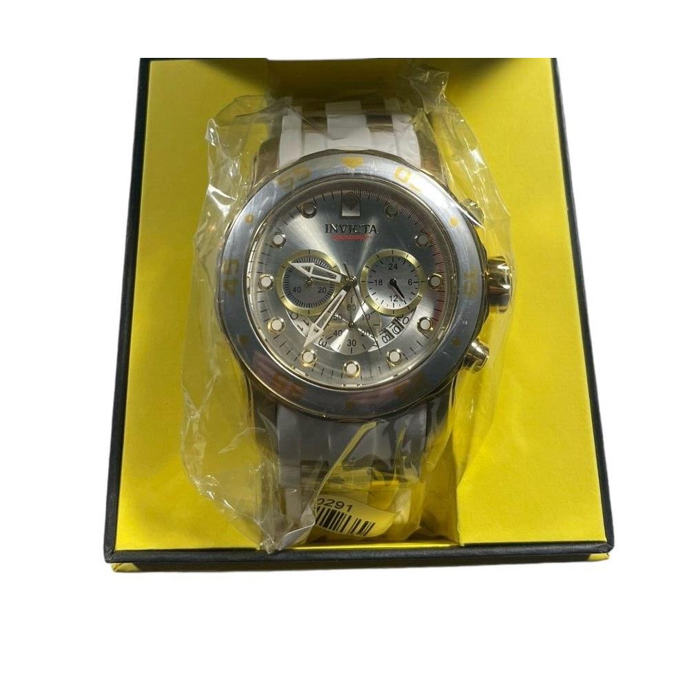 Invicta Pro Diver Men`s Watch 48 mm Gold/white Band Silver Dial Model 20291 - Dial: Silver, Band: Gold, White, Bezel: Multicolor