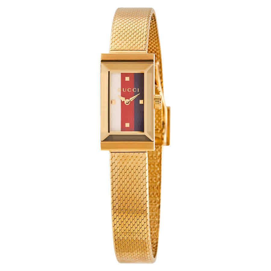 Gucci G-frame White Red Navy Gold Pvd Mesh Bracelet Watch YA147511