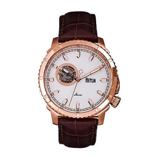 Reign Bauer Automatic Semi-skeleton Leather-band Watch - Rose Gold/white