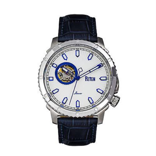 Reign Bauer Automatic Semi-skeleton Leather-band Watch - Silver/blue