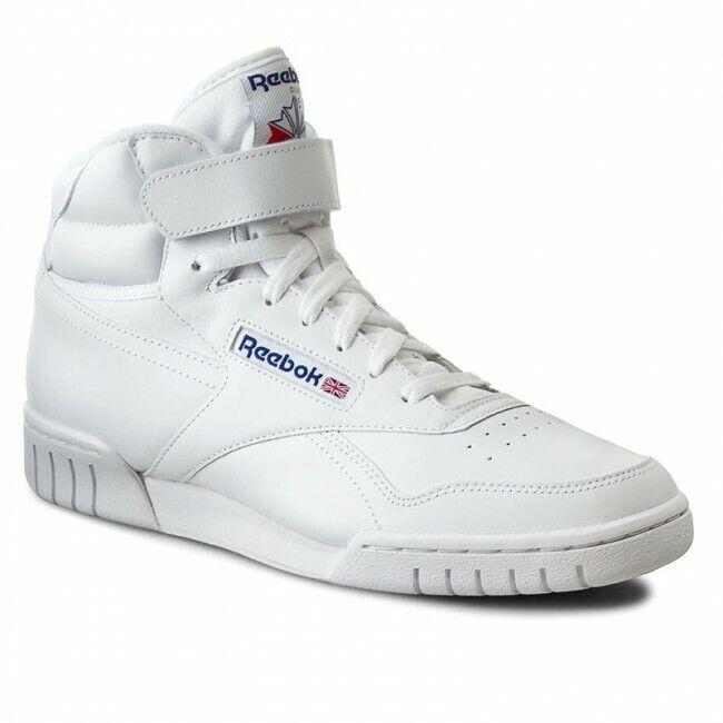 Reebok Ex O Fit Hi Top 3477 White with Blue Logo Men`s Basketball Shoes