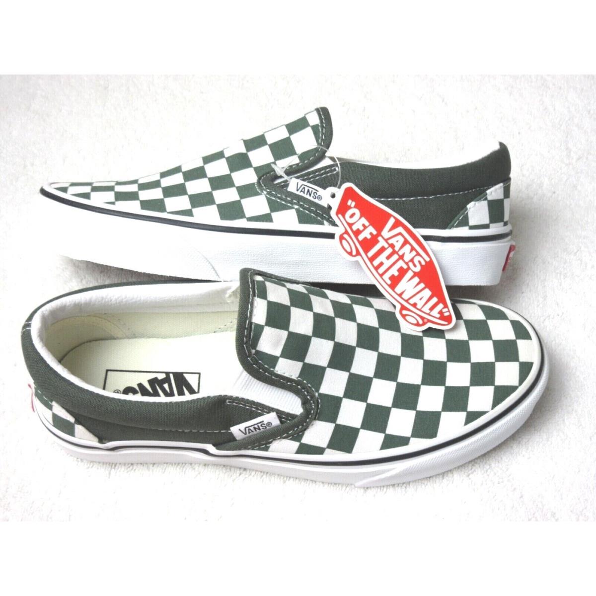 Vans Women`s Classic Slip On Thyme Green True White Checkerboard Shoes Size 6