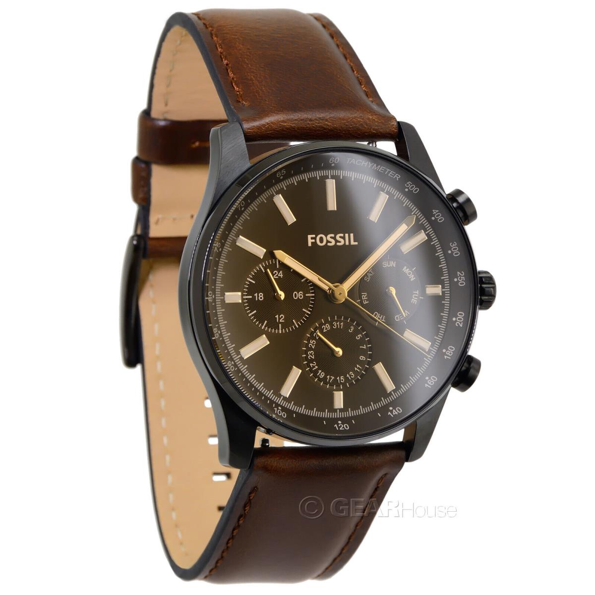 Fossil Sullivan Mens Multifunction Watch Black Dial Day Date Brown Leather Band