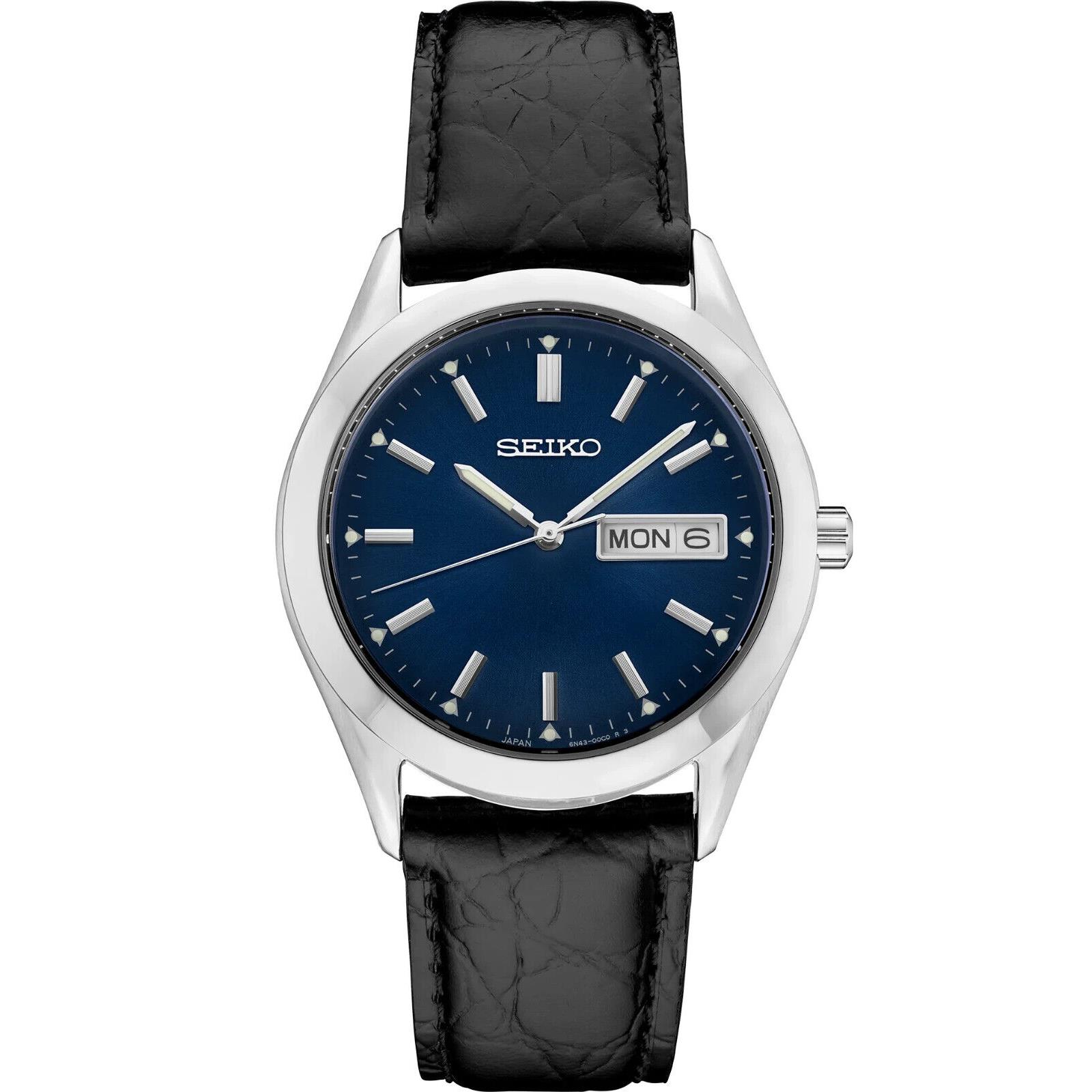Seiko Essentials Quartz Blue Dial Black Leather Men`s Watch SUR367 - Blue Dial, Black Band