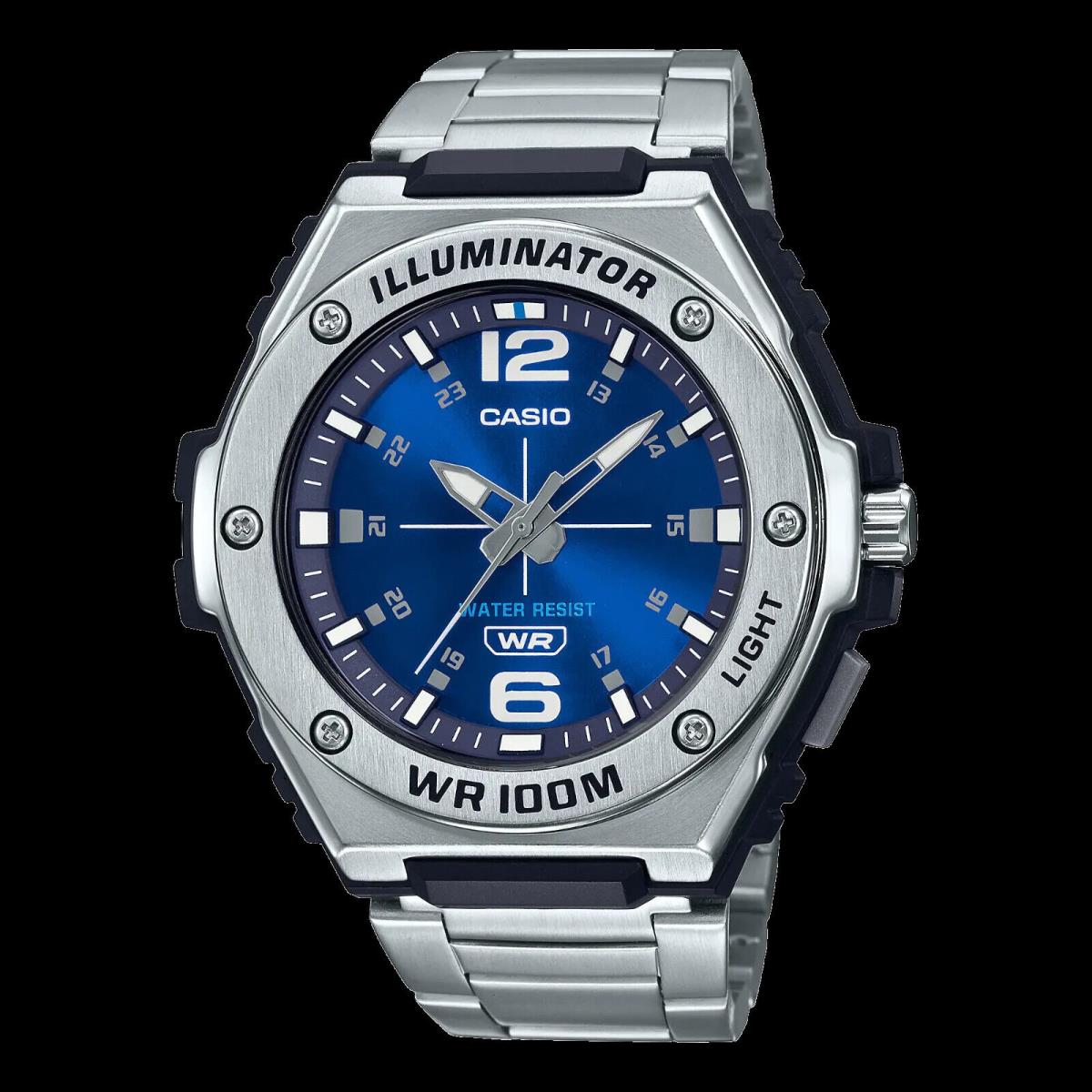 Casio Men`s Quartz Illuminator Five Alarm 51mm Digital Watch MWD100HD-2BV - Dial: Blue, Band: Silver, Bezel: Silver