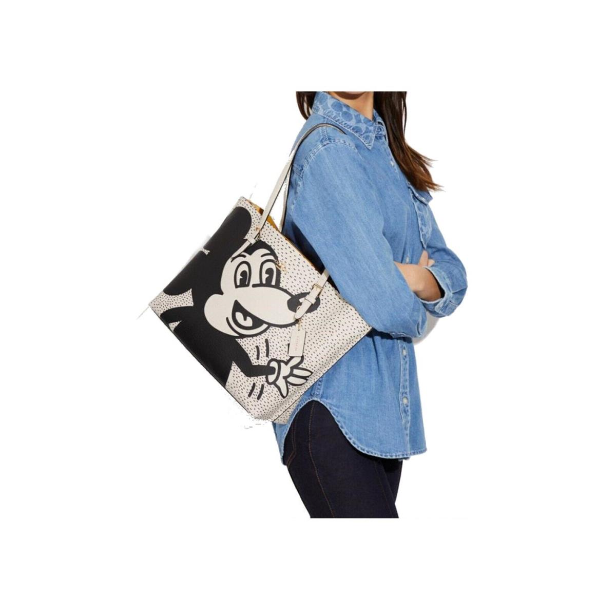 Coach Disney Mickey Mouse X Keith Haring Mollie Gold/chalk Multi Leather Tote - Exterior: Ivory, Lining: White, Handle/Strap: White