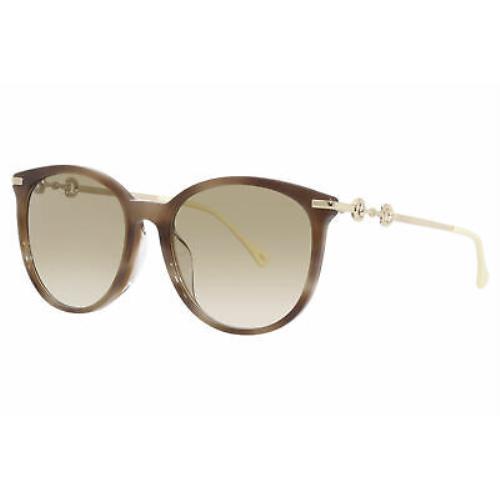 Gucci GG0885SA 004 Sunglasses Women`s Havana-gold/brown Gradient Lenses 56mm - Black Frame, BROWN Lens