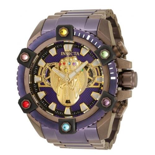 Swatch Invicta Marvel Thanos Infinity Gauntlet Men`s 64mm Limited Swiss Watch 34310 - Gold Dial, Brown Band, Bronze Bezel