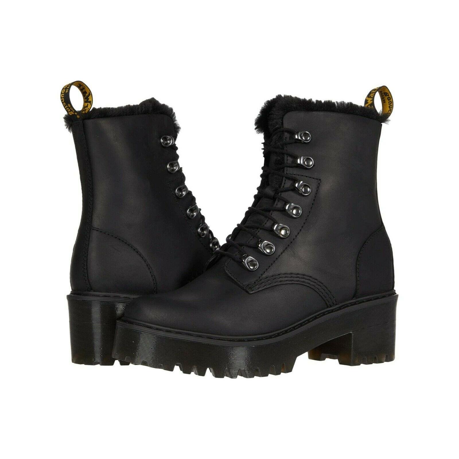Women`s Shoes Dr. Martens Leona Faux Fur Leather Platform Boots 26190001 Black