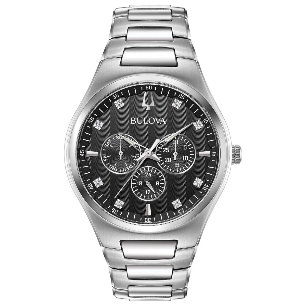 Bulova Men`s Quartz Silver Diamond Accent Chronograph Watch 42MM 96D143 - Dial: Black, Band: Gold, Bezel: Gold