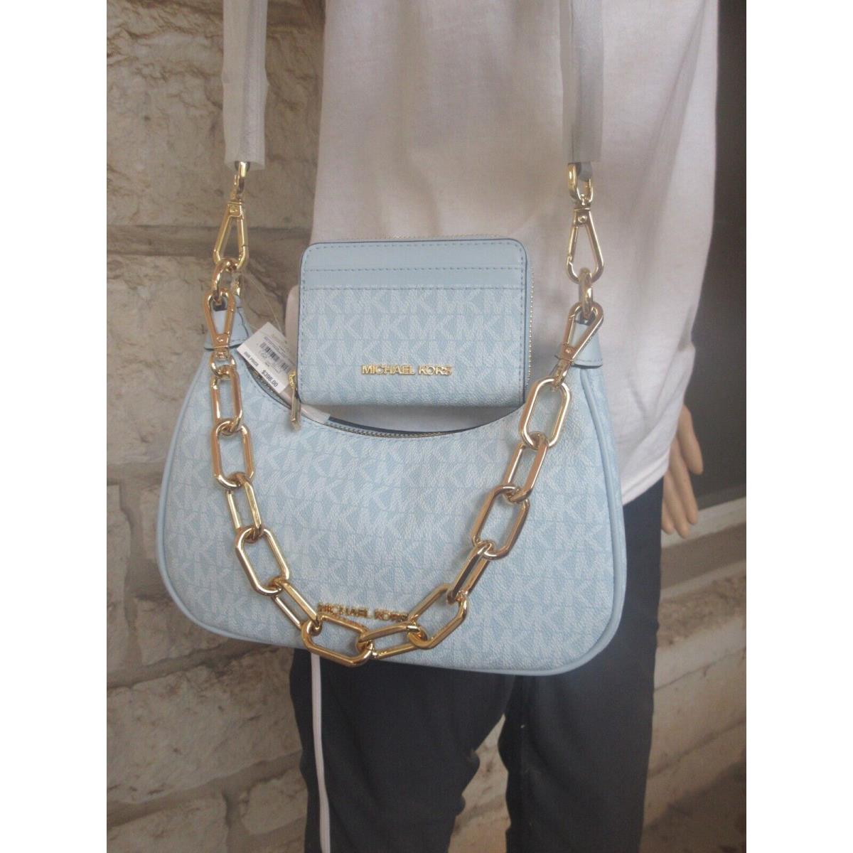 Michael Kors Light Blue Leather Handbag Purse With Gold Chain & Leather  Straps