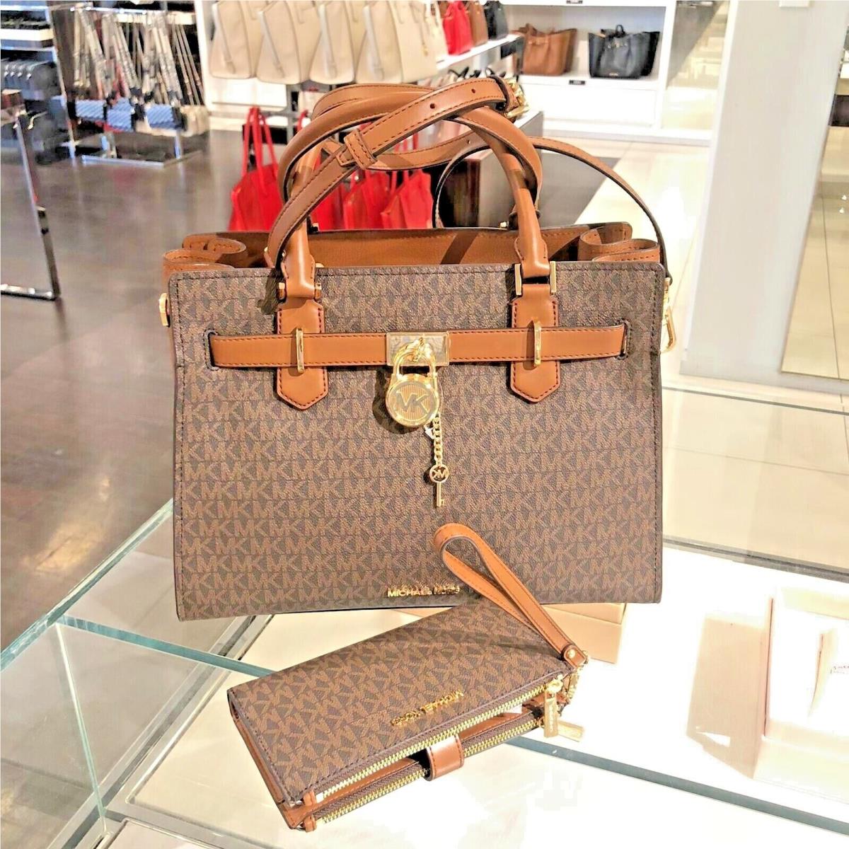 Michael Kors Hamilton Medium Satchel Shoulder Bag + Continental Wallet Brown