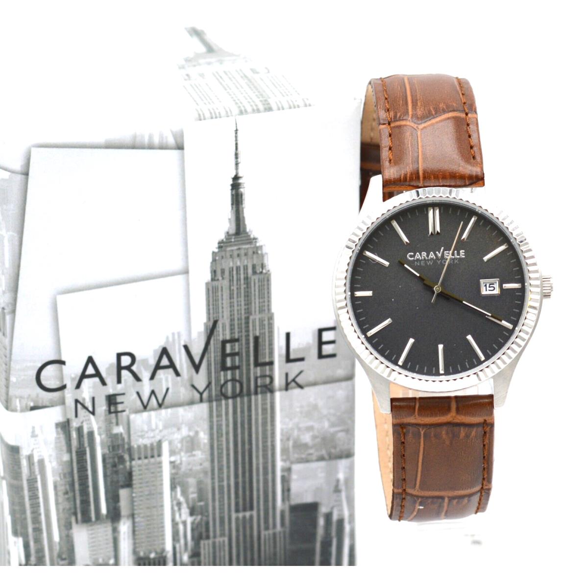 Caravelle New York 43B132 Analog 41 MM Men`s Watch Brown Leather Band - Dial: Gray, Band: Brown, Bezel: Silver