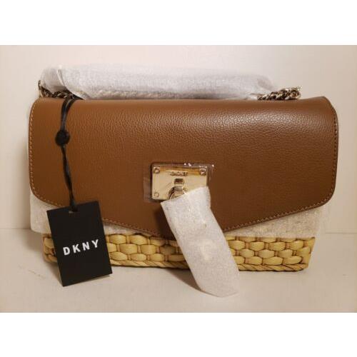 Dkny Elissa Brown Leather Flap Woven Straw Shoulder Bag W/tag