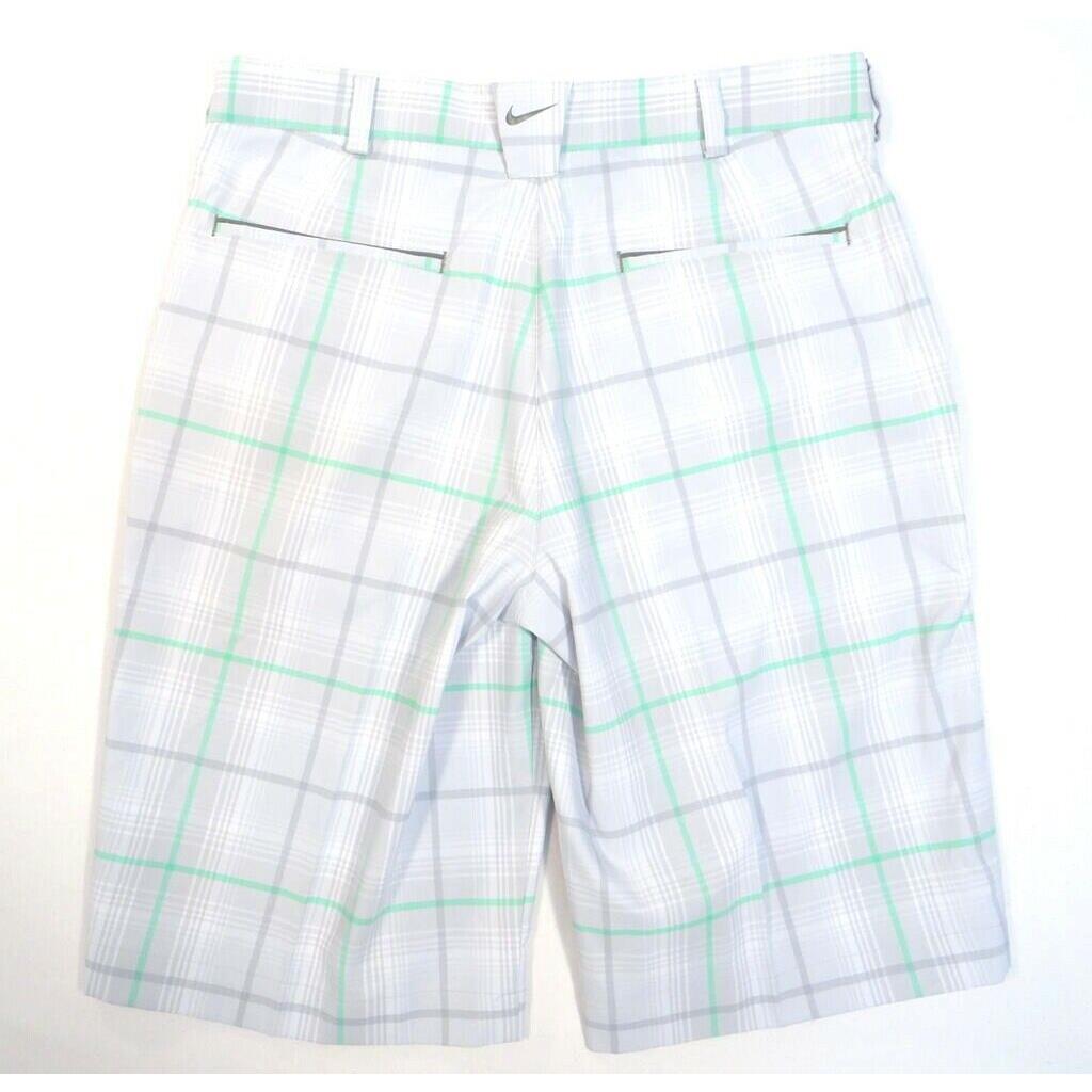 Nike Golf Tour Performance Dri Fit Gray Green Plaid Flat Front Shorts Mens