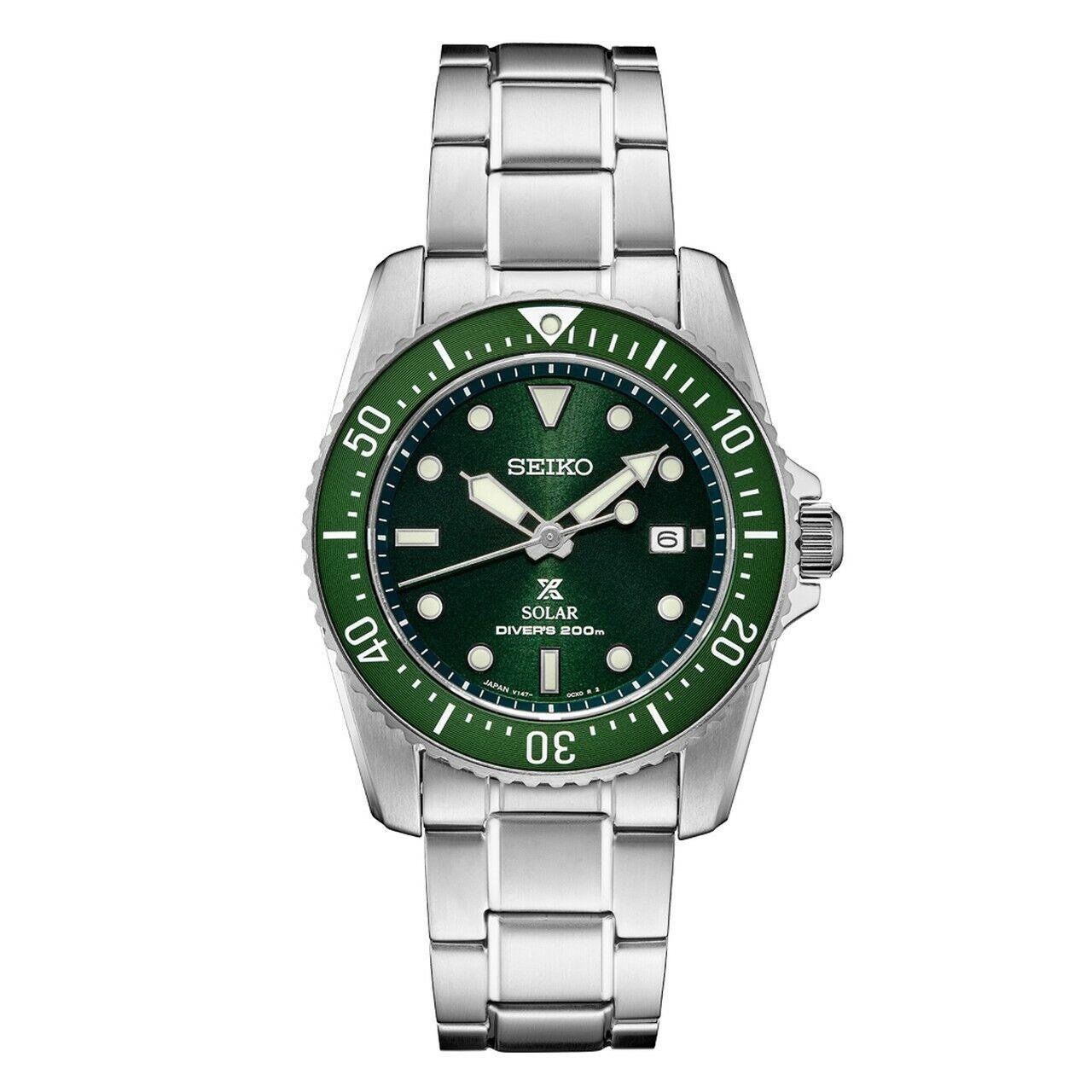 Seiko Men`s Prospex Solar Green Dial Stainless Steel Watch SNE583 - Green Dial, Silver Band