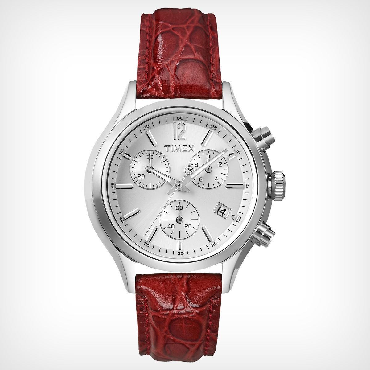 Timex Women`s T2P419 Classic Chronograph White Dial Red Leather Quartz Watch