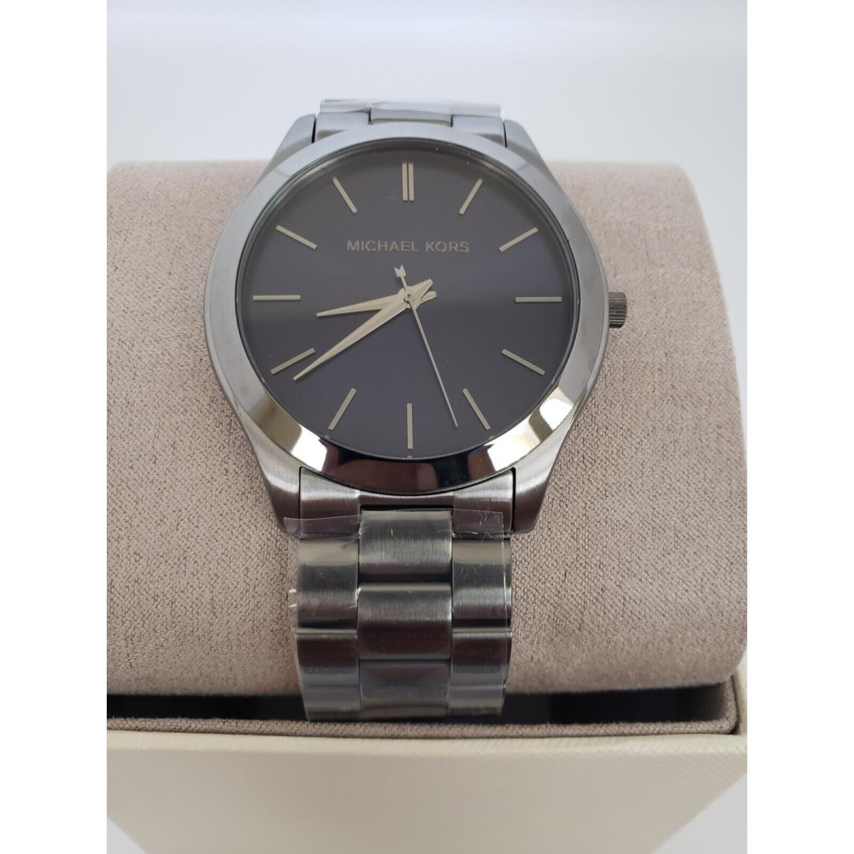 Michael Kors Men`s Slim Runway Blue Dial Gunmetal Plated Watch MK8584 - Dial: Blue, Band: Gunmetal, Bezel: Gunmetal