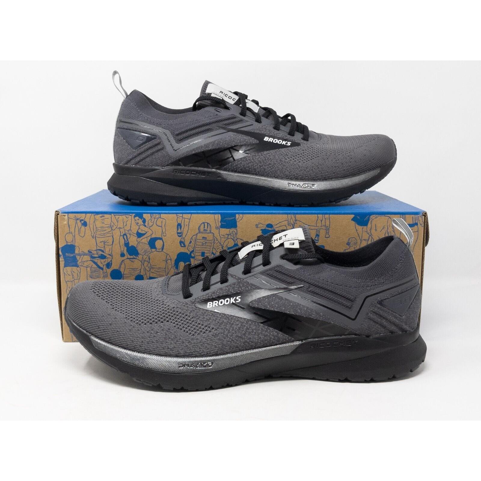 Sz 10.5 Brooks Ricochet 3 Running Shoes Black Grey Neutral Men`s