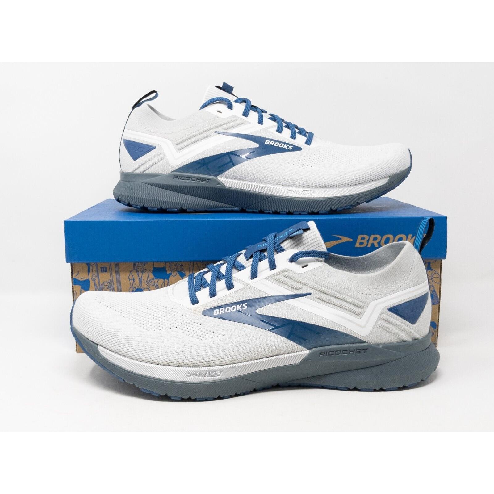 Sz 10.5 Brooks Ricochet 3 Running Shoes White Grey Blue Neutral Men`s