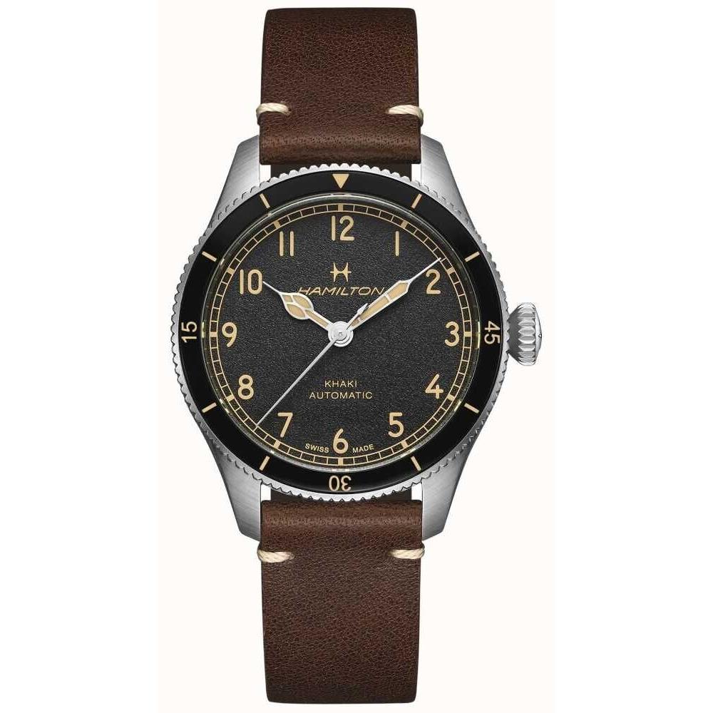 Hamilton Khaki Aviation Pilot Pioneer Automatic 38MM Black Dial H76205530 - Dial: Black, Band: Brown, Bezel: Silver