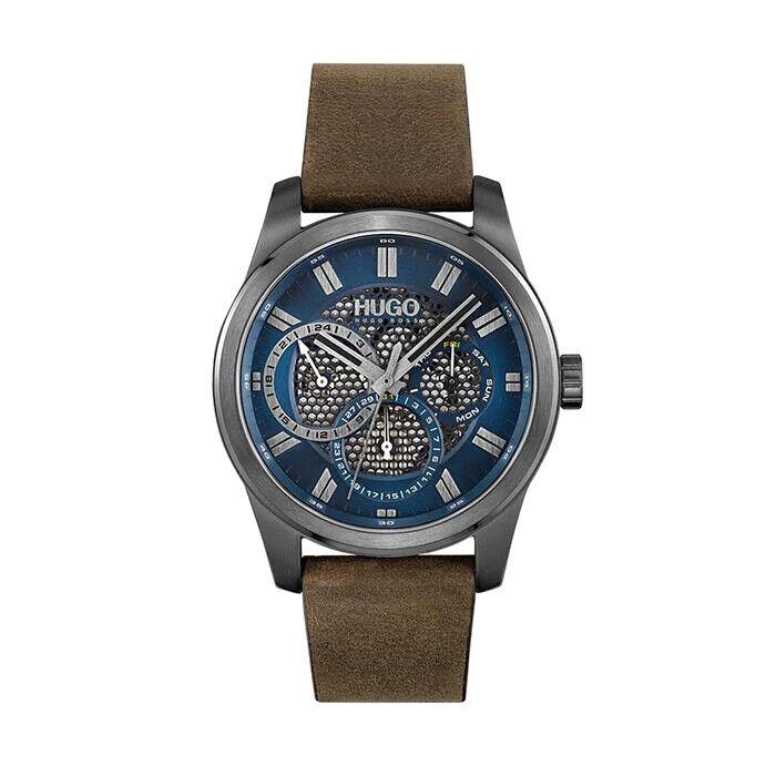 Hugo Skeleton Men`s Blue Dial Multifunction Brown Leather 44mm Watch 1530190