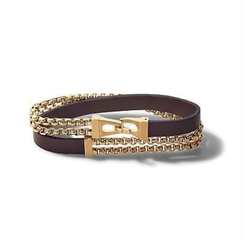 Bulova Mens Brown Leather and Brushed Gold-tone Double-wrap Bracelet Medium