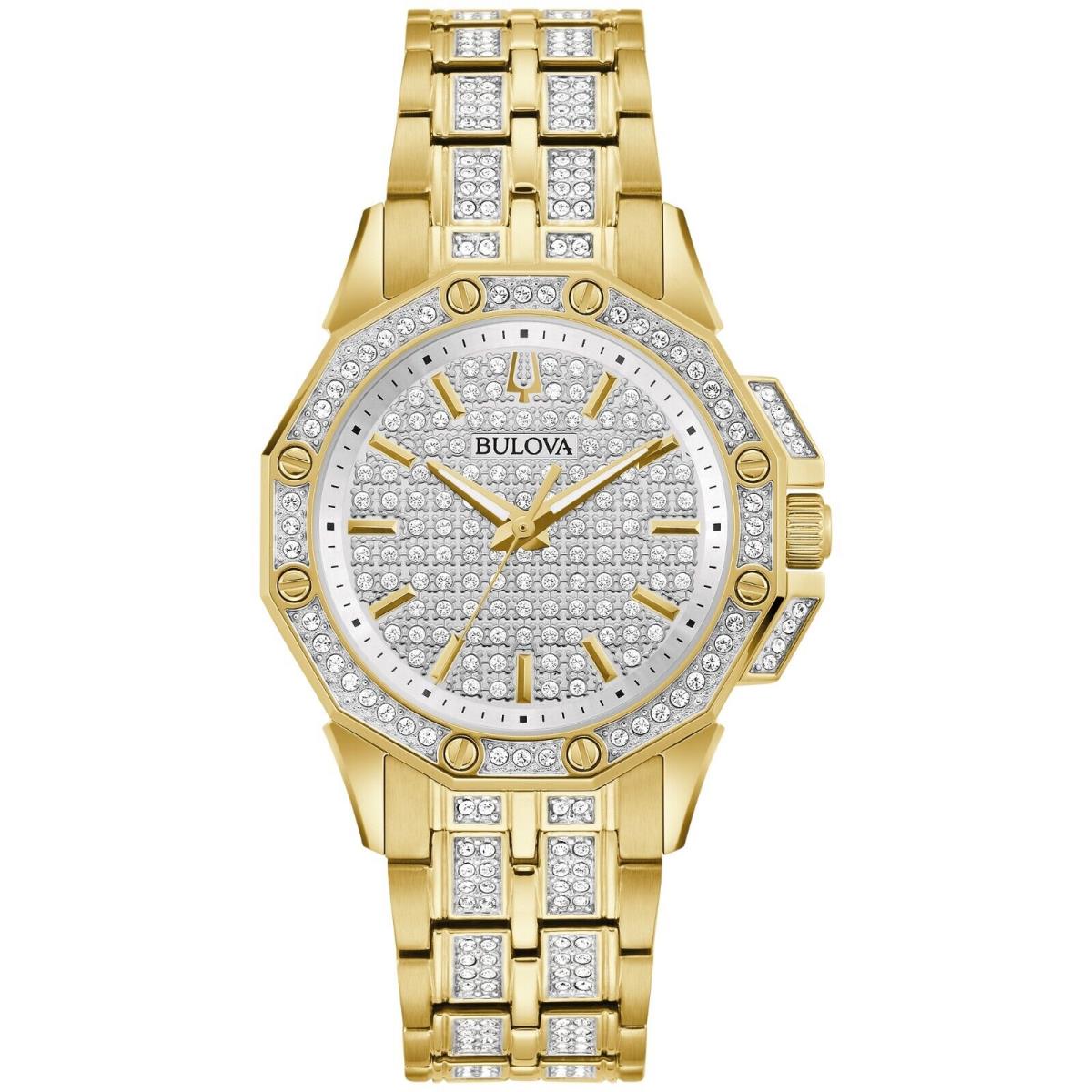 Bulova Men Quartz Octava Crystal Accent Gold Stainless Steel Watch 34MM 98L302 - Dial: Silver, Gold, Band: Gold, Silver, Bezel: Gold, Silver