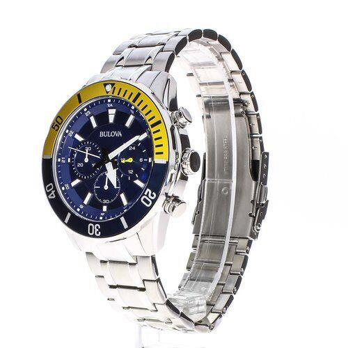 Bulova 98A245 Stainless Steel Chronograph Blue Yellow Bezel Dial Men`s Watch