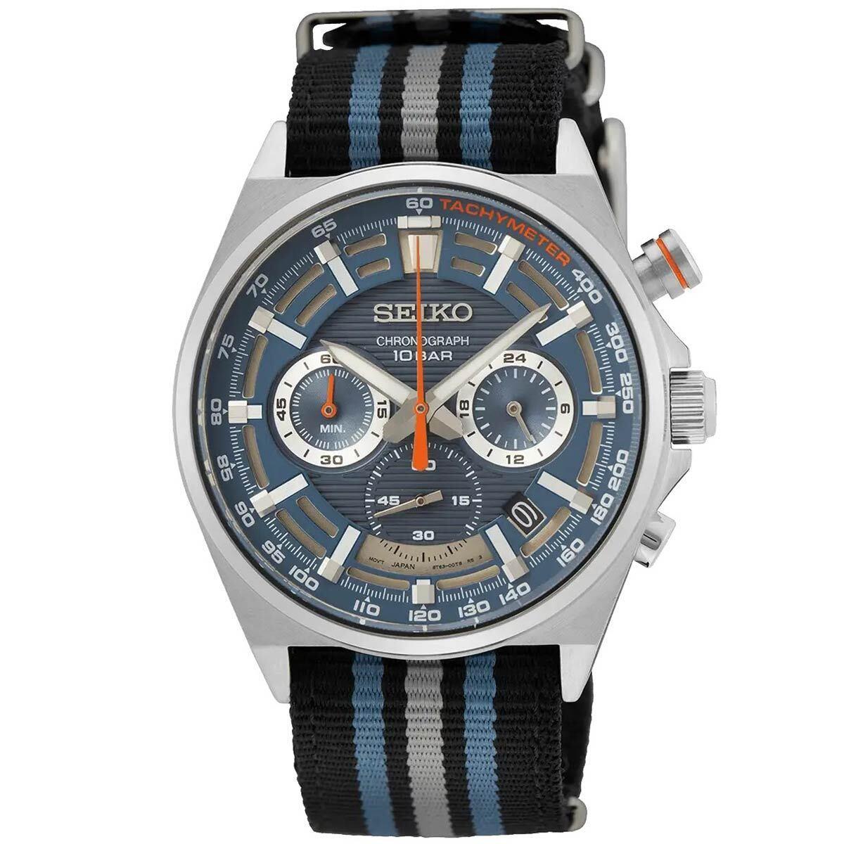 Seiko Men`s Watch Chronograph Blue Dial Silver Tone Case Nylon Strap SSB409P1