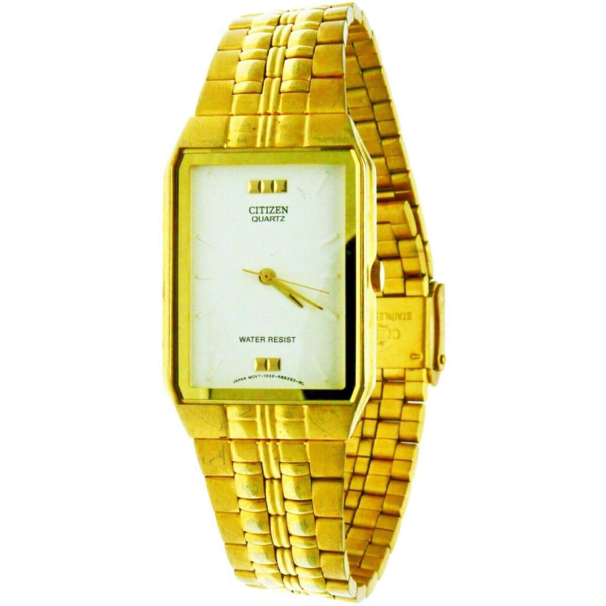 Quartz Rare Rectangular Citizen Gold Tone Band S/ Steel WR Wristwatch R86293