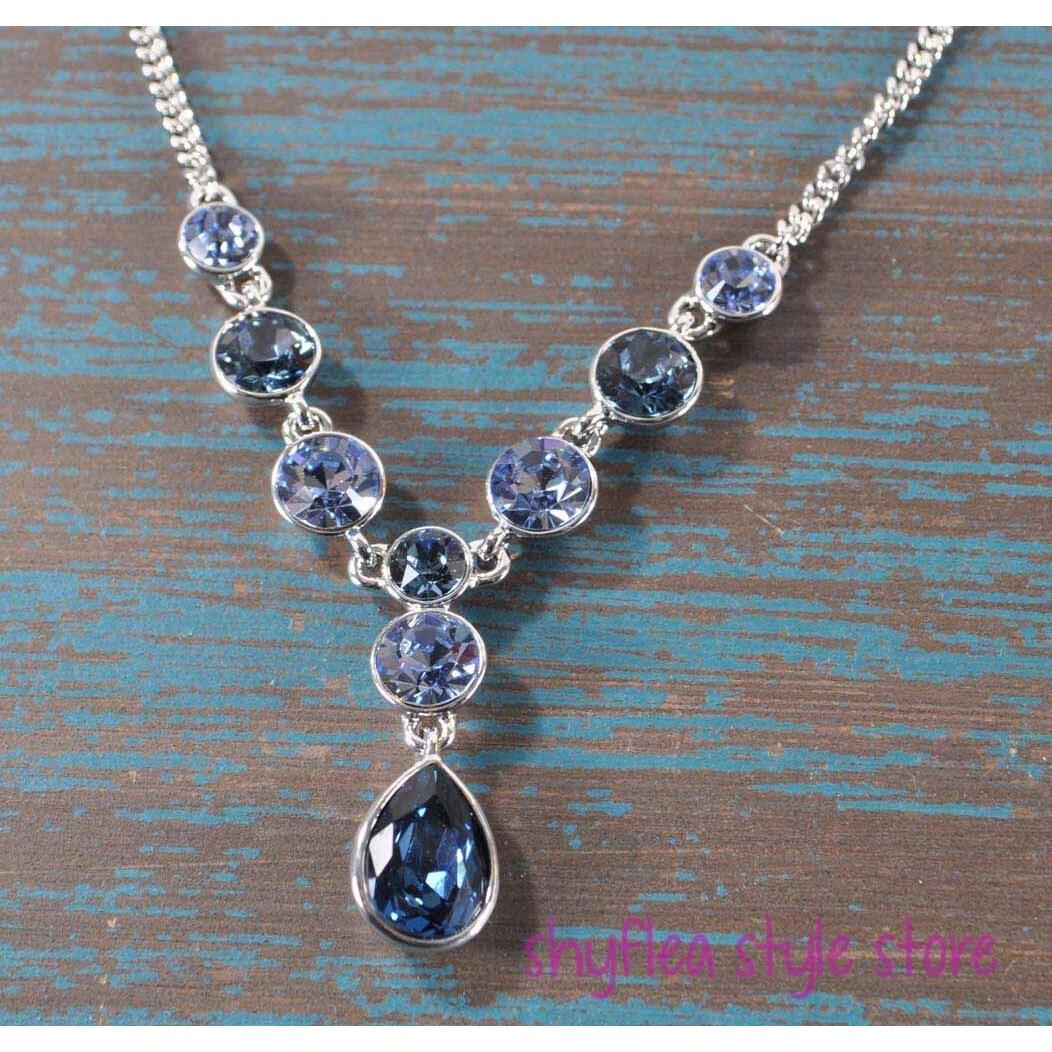 Givenchy Necklace Sapphire Blue Glass Stones Frontal Y Formal Silver Tone