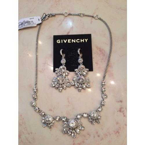Givenchy Silver Tone Clear Crystal Cluster Necklace and Earrings