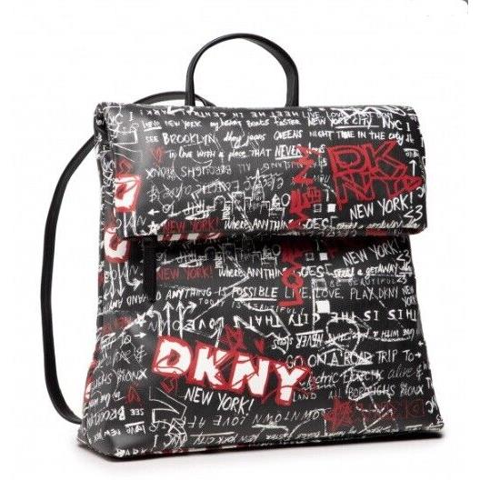 Dkny Tilly Backpack Fold Over York Graffiti Logo Black Red Top Zip