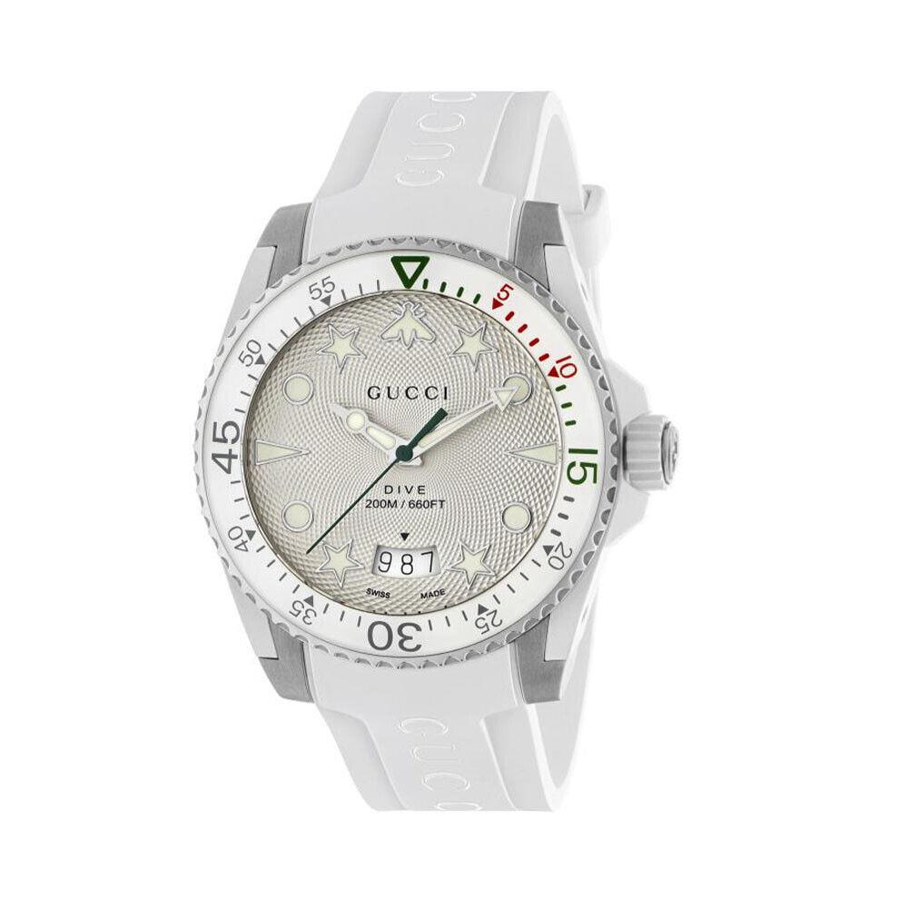 Gucci Men`s Dive 40mm Quartz Silver Dial White Rubber Watch YA136337 - Dial: Silver, Band: White