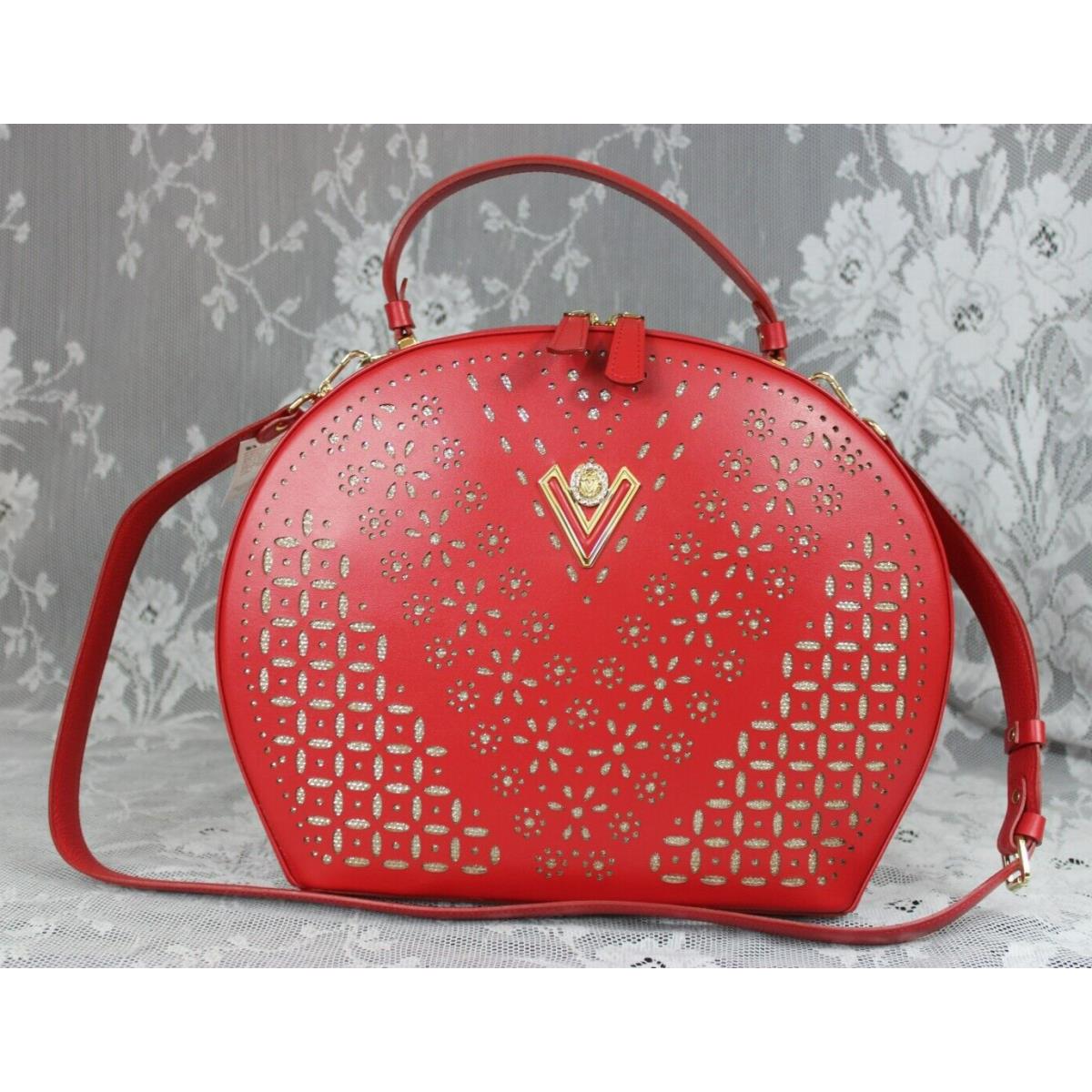 Valentino Orlandi Italian Laser Cut Red Leather Round Bowler Bag Sling