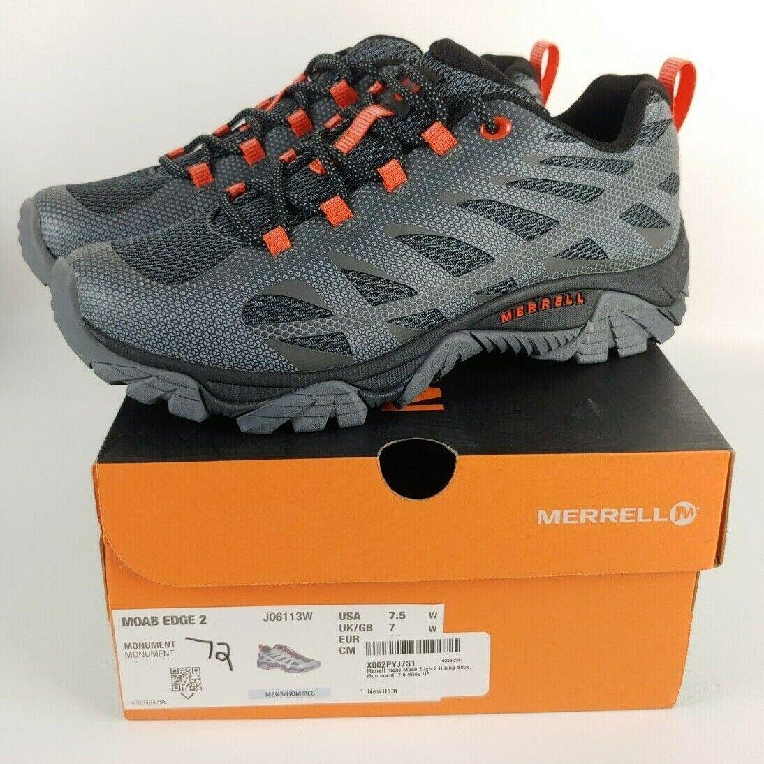 Merrell Mens Moab Edge 2 J06113W Gray Black Vibram Hiking Shoes Size 7.5 Wide