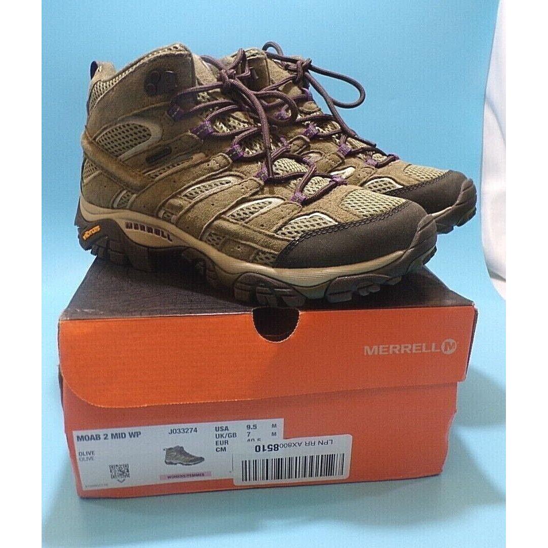 W/ Box Merrell Womens 9.5 Moab 2 Mid WP J033274 Olive Hiking Boots Shoes