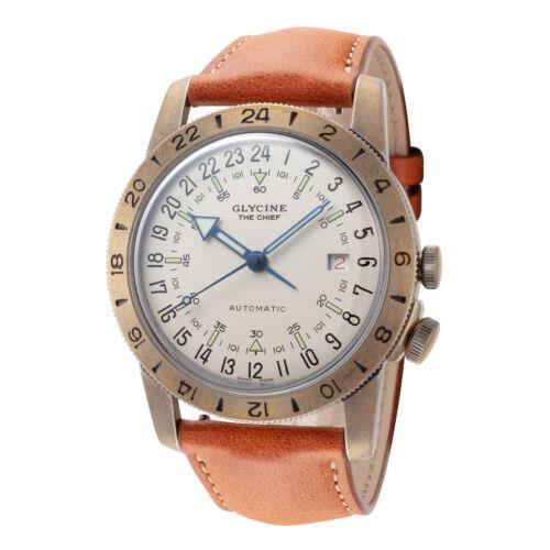 Glycine Men`s GL0415 Airman The Chief 40mm Automatic Watch - Silver Dial, Brown Band, Silver Other Dial