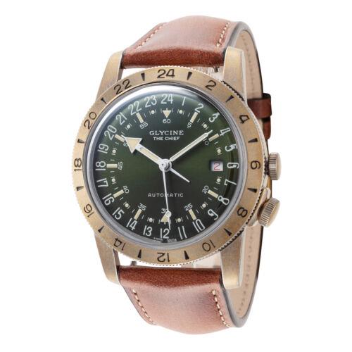 Glycine Men`s GL0413 Airman The Chief 40mm Automatic Watch - Green Dial, Brown Band, Green Other Dial