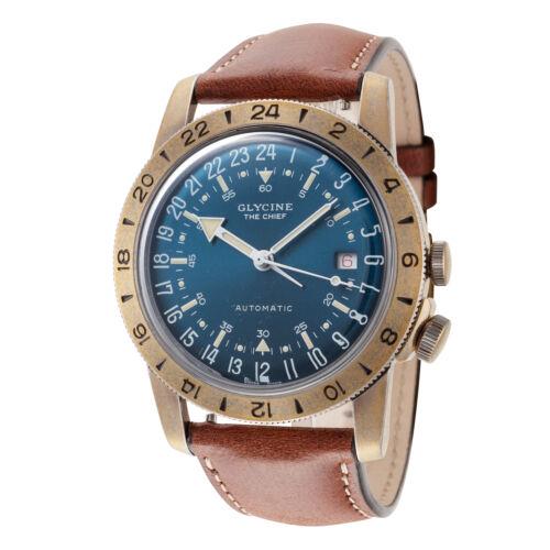 Glycine Men`s GL0414 Airman The Chief 40mm Automatic Watch - Blue Dial, Brown Band, Blue Other Dial