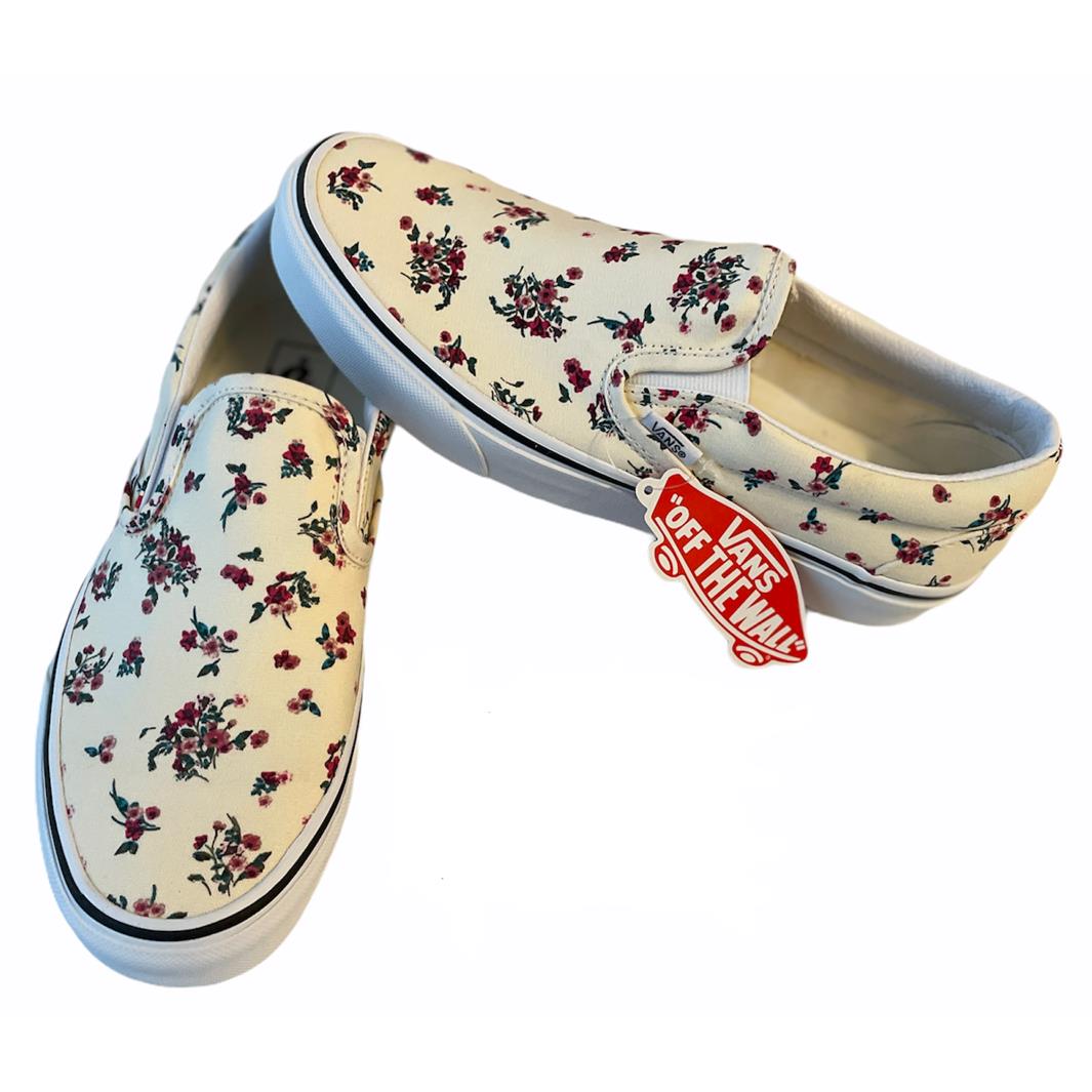 Vans Classic Slip On Ditsy Floral Cream Canvas Shoes Sz 8 Women`s
