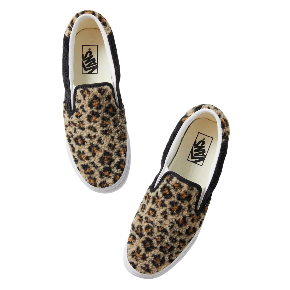 Vans Slip On Shoes Black Leopard Sherpa Faux Fur Women`s Size 9.5