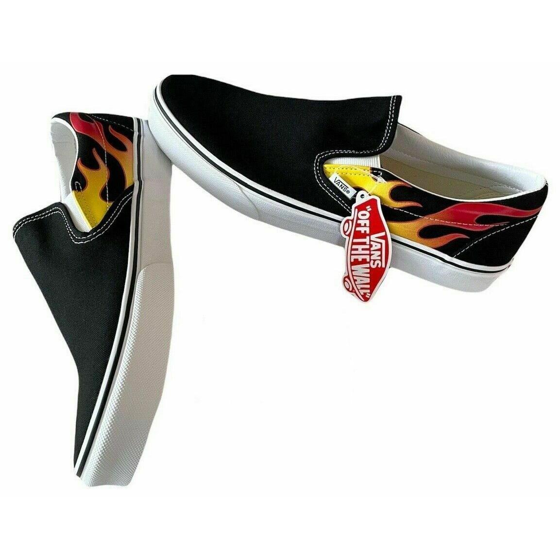 Vans Classic Slip On Flame Canvas Skate Shoes Black Men`s Size 12
