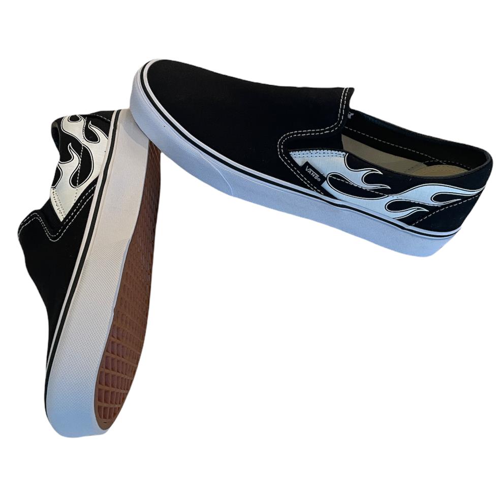Vans Classic Slip On Flame Canvas Skate Shoes Black White Men`s Sz 11