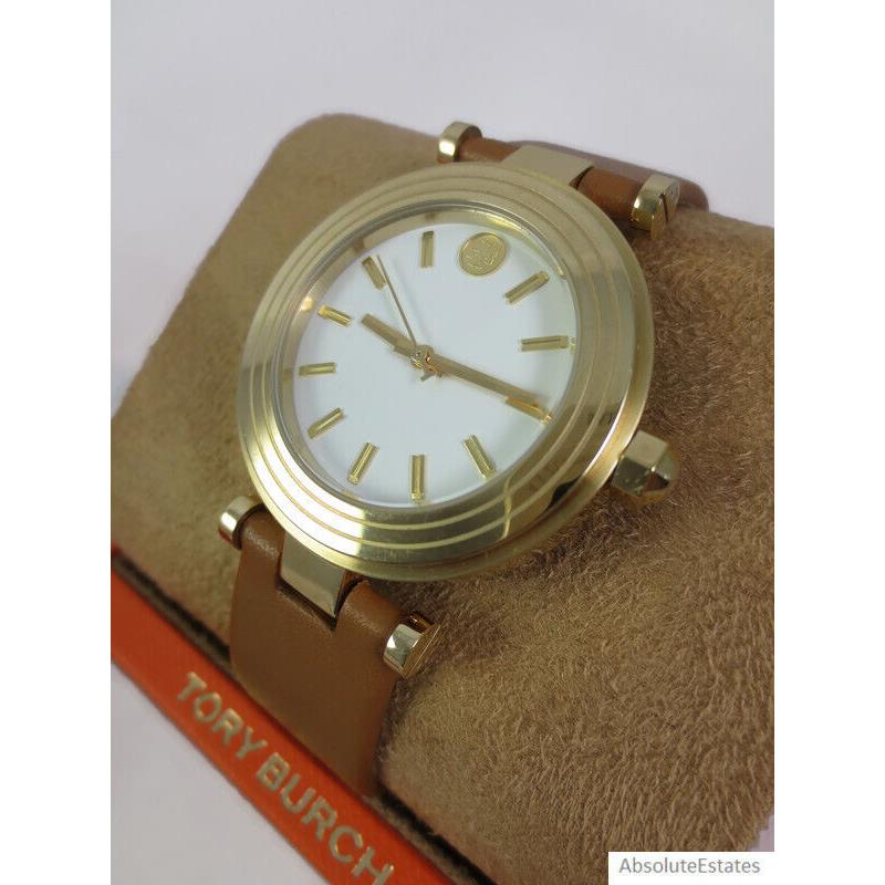 Tory Burch Classic T Gold Stainless Tan Luggage Leather Watch TBW9002