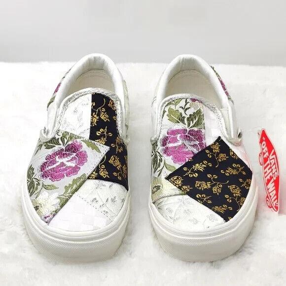 Vans Womens Classic Brocade White Patchwork Floral Slip On Skate Shoe Size 7.5