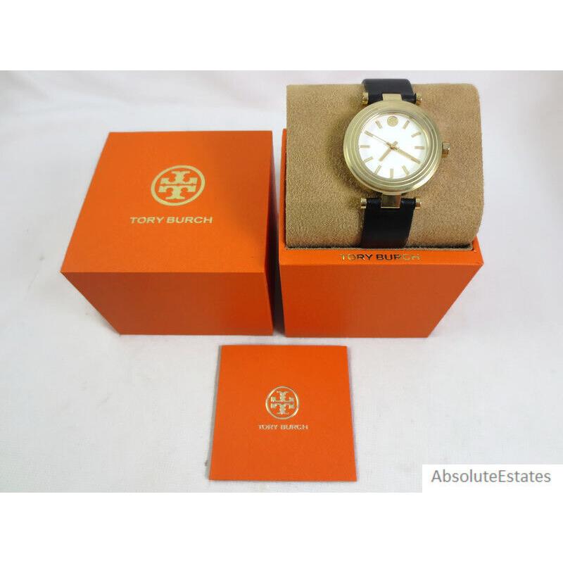 Tory Burch Classic T Gold Stainless Black Leather Ladies Watch TBW9003