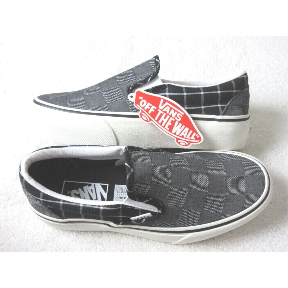 Vans Women`s Classic Slip On Platform Woven Check Shoes Grey Black Size 6.5