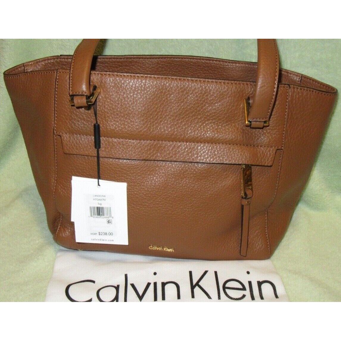 Calvin Klein Lug Brown Leather 2 Strap Shoulder Tote Bag Cute Bag